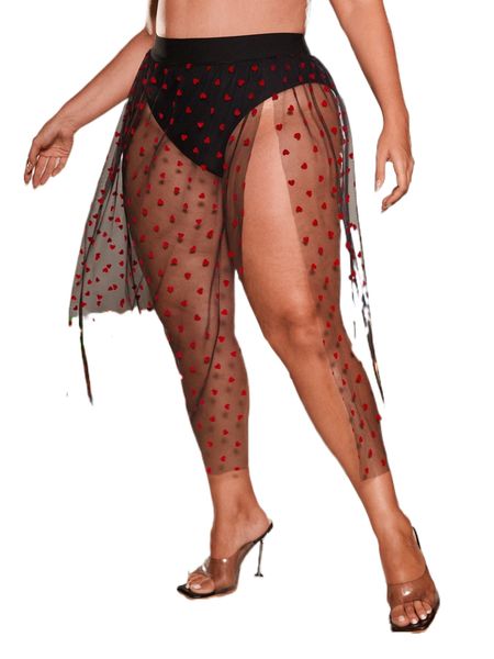 

plus heart pattern split beach skirt 79g7#, Black