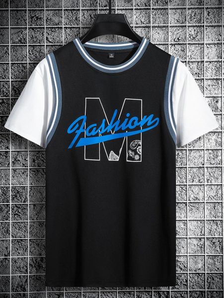 

men letter & paisley print striped trim 2 in 1 tee w5js#, White;black