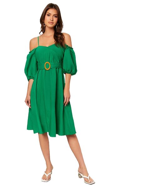 

cold shoulder lantern sleeve buckled belted dress x2cy#, Black;gray