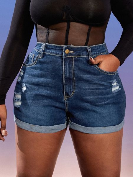 

plus ripped frayed cat whisker roll hem denim shorts q4g8#, White;black