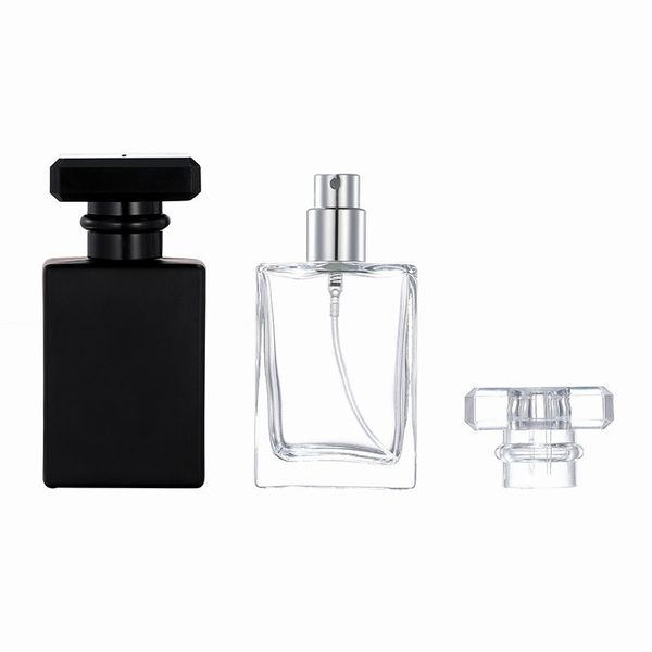 Parfüm Şişesi Şişeleme 30ml 50ml Taşınabilir Seyahat Üst düzey Preslenmiş Sprey Şişe Siyah Şeffaf Cam Boş Şişeler