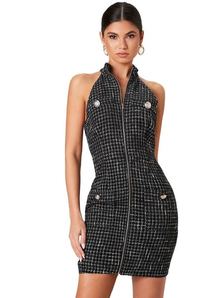 

zipper front tweed bodycon dress g3cd#, Black;gray