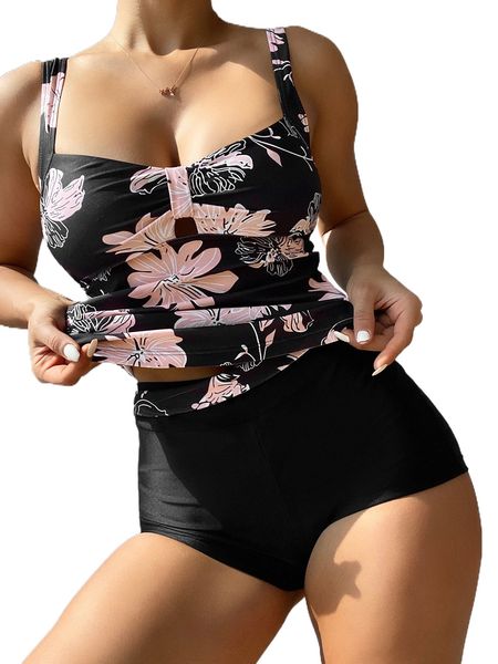 

floral print shorts bikini swimsuit 66sp#, White;black