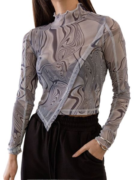 

dazy marble print lettuce trim asymmetrical hem mesh without bra o5xy#, White