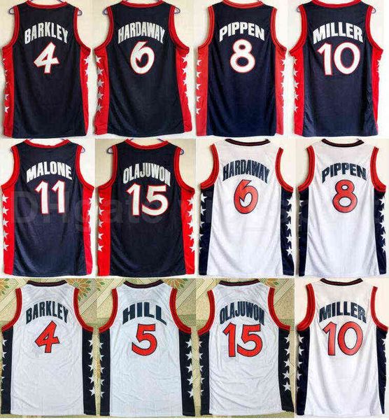

1996 us dream three basketball 11 karl malone jersey men navy blue white 5 grant hill 10 reggie miller 4 charles barkley, Black