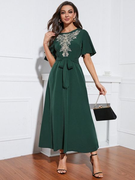 

embroidery zip back belted dress z9kw#, Black;gray