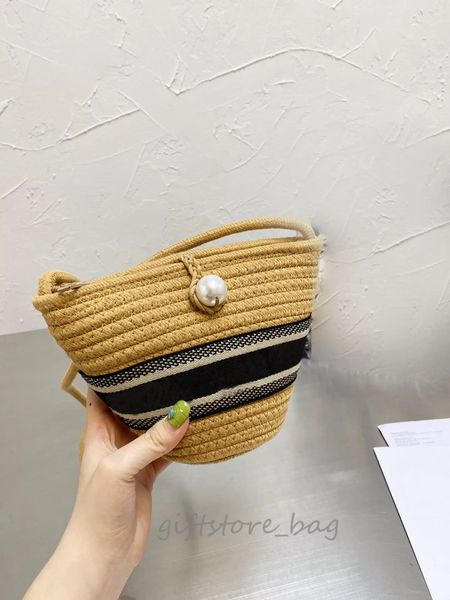 

giftstore bag summer straw woven bag three dimensional carving design classic letter handbag designer seaside round bottom pearl buckle retr