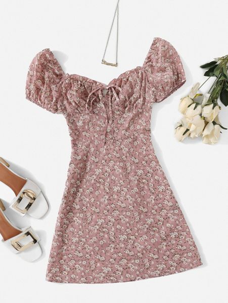 

ditsy floral puff sleeve ruched bust dress i1bn#, Black;gray