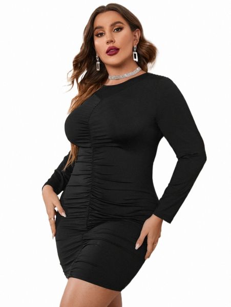 

plus solid ruched bodycon dress h5x0#, Black