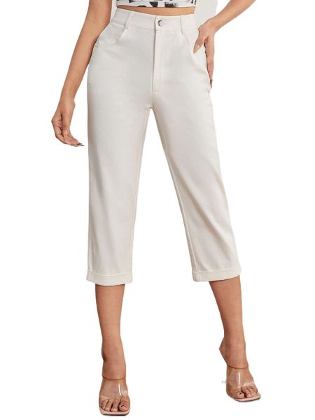 

petite high waist fold pleated capri pants a84h#, Black;white