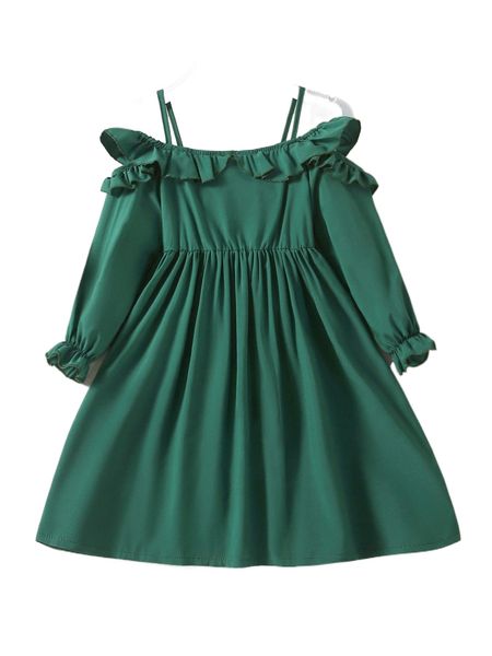 

toddler girls cold shoulder ruffle trim flounce sleeve dress 77mh#, Black;white