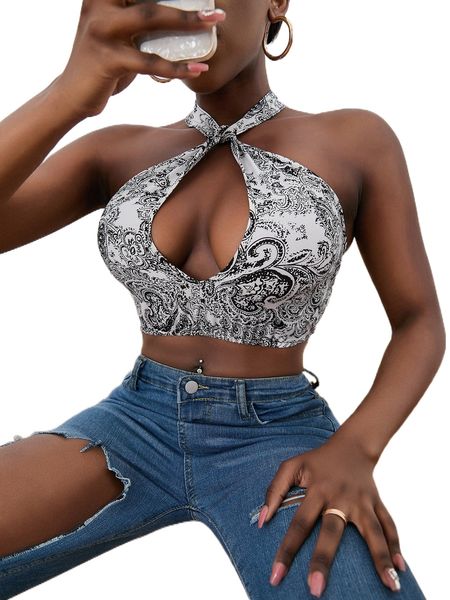 

sxy scroll print cut out crop halter l5jm#, White