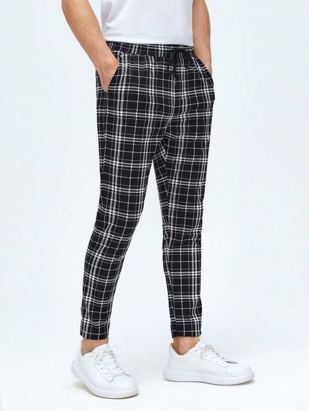 

men plaid drawstring waist tapered pants 69i3#, Black