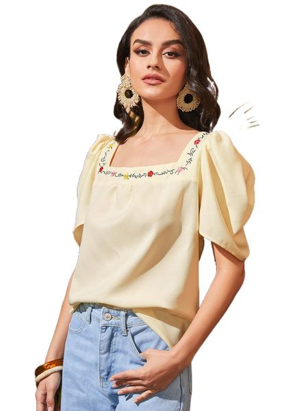 

floral embroidery puff sleeve floral embroidery s7ju#, White