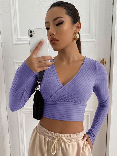 

surplice neck rib-knit crop tee o79i#, White