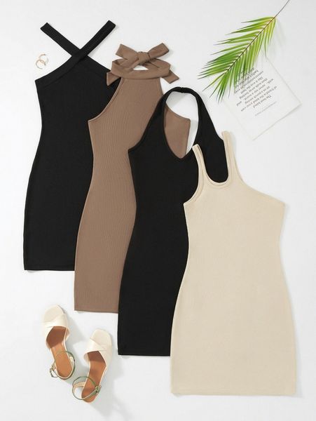 

4pcs rib-knit bodycon dress i7lx#, Black;gray