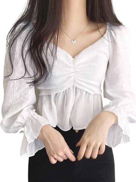 

dazy ruched bust flounce sleeve peplum blouse s3zg#, White