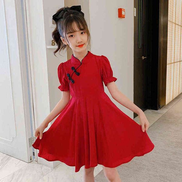 

summer girls cheongsam dress baby kids chinese style casual short-sleeved dresses thin children's clothing for teens 4-13years l220715, Red;yellow