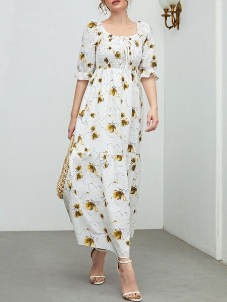 

floral print puff sleeve knot front shirred dress u6vj#, Black;gray