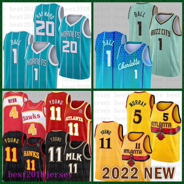 Basketball -Trikot Charlottes Hornet 2022 Neu 1 20 11 5 4 Atlantas Hawk Gordon Hayward Lamelo Ball Trae Young Dejounte Murray Spud Webb Lila