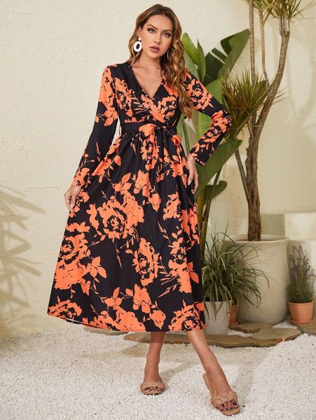 

all over floral print wrap dress i3yz#, Black;gray