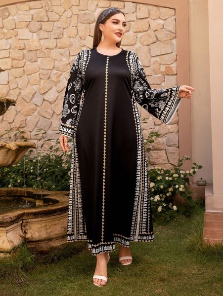 

plus floral & graphic print dress j14a#, Black