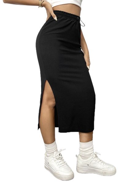 

solid drawstring waist flap pocket split thigh skirt 636a#, Black