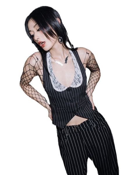 

romwe punk rock striped contrast lace button front halter 261n#, White