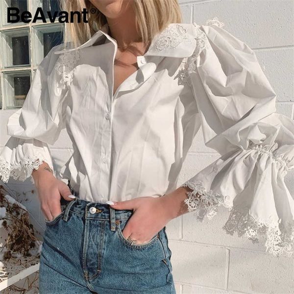

beavant vintage button ruffled women blouse white lantern lace sleeve female clothing casual gentle autumn women shirt 210709