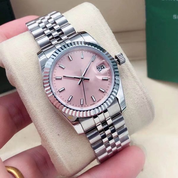 

luxury ladies watch, 31mm stylish classic stainless steel sapphire glass waterproof week calendar with folding buttons, Slivery;brown