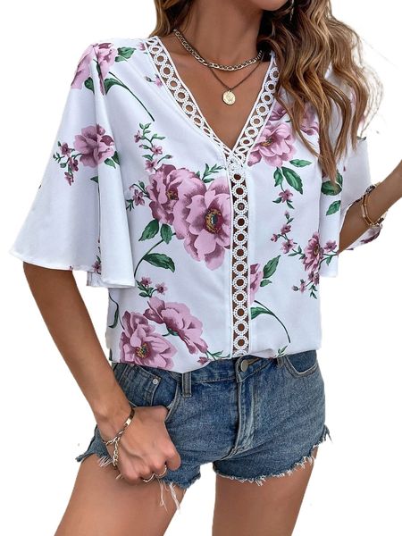 

floral print guipure lace panel butterfly sleeve blouse h4ku#, White