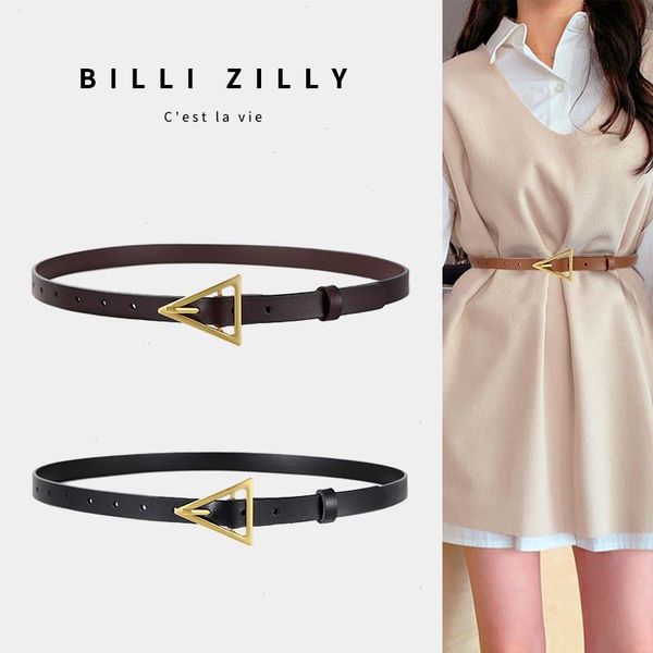

style triangle buckle thin belt womens decorative dress korean fashion matching jeans simple tren, Black;brown