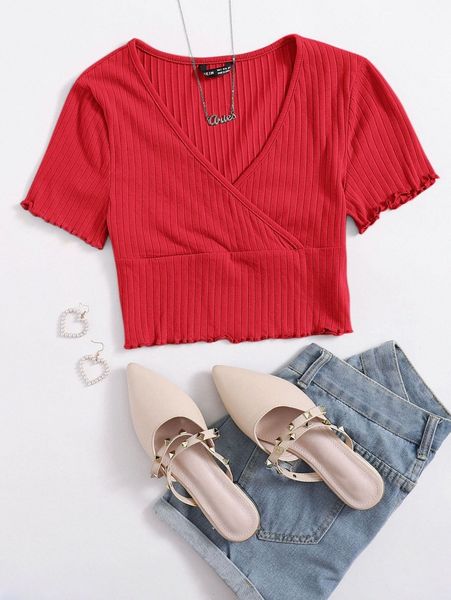 

surplice neck rib-knit solid tee v5ir#, White