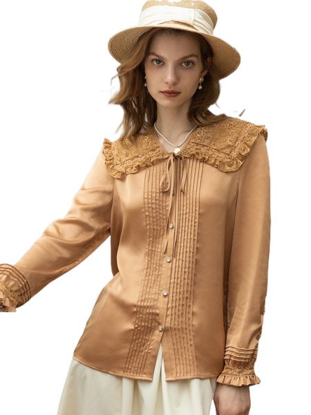 

simple retro contrast lace statement collar press crease knot front blouse 78fl#, White