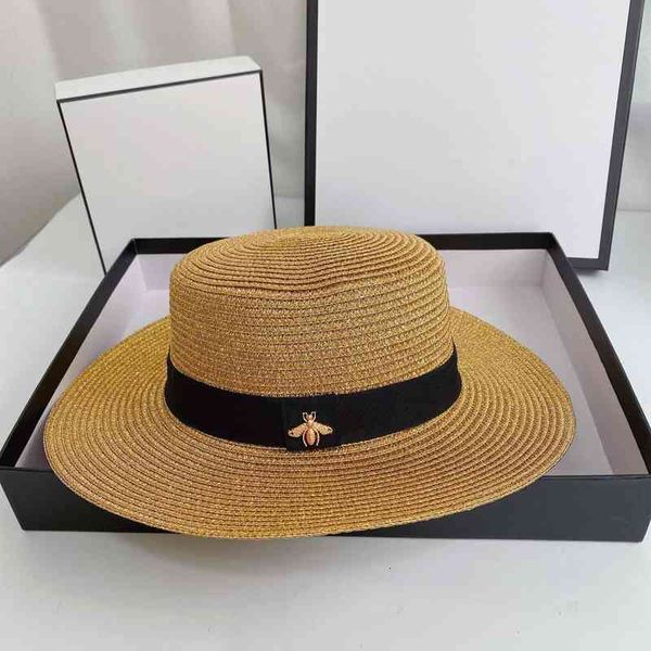 

design and correct version g family bronze golden little bee decoration wide brim sun protection straw hat, Blue;gray