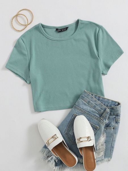 

buttoned rib knit crop tee e3ml#, White
