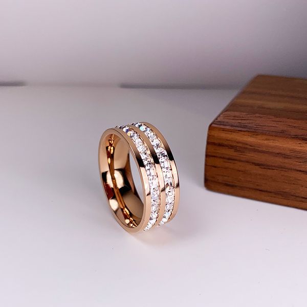 

luxury rose gold color double row square zircon stainless steel ring for women romantic engageme wedding party jewelry female 220719, Silver
