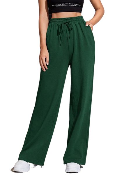 

solid drawstring waist pants 14g7#, Black;white