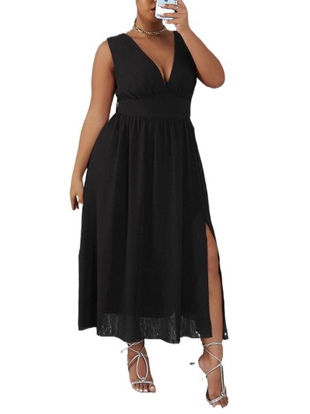 

plus deep v neck split thigh dress 29yk#, Black