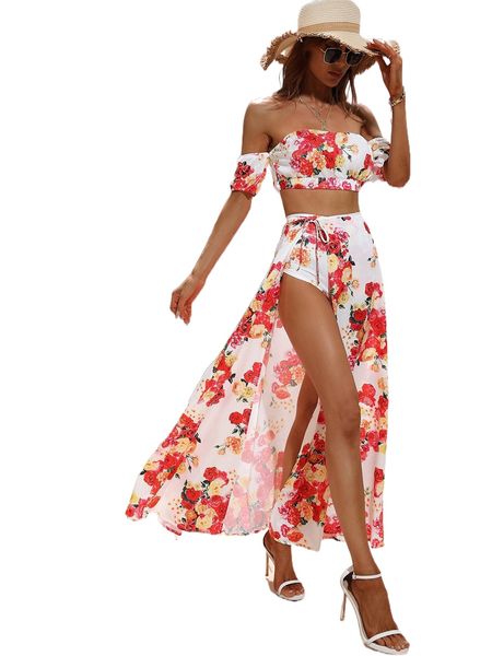 

floral off shoulder & split thigh skirt y3d0#, White
