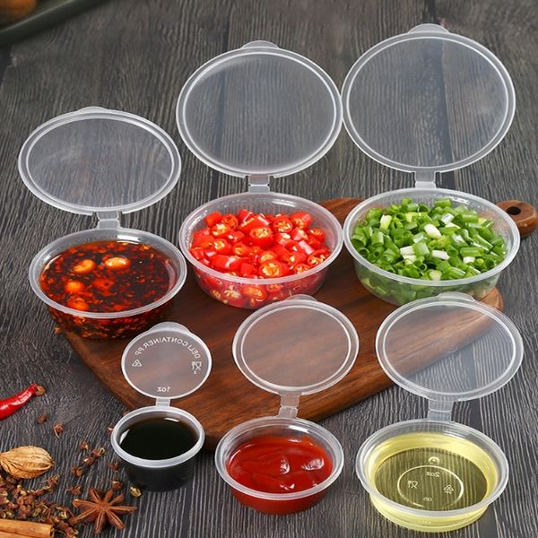 Contenitori da asporto monouso Scatole per imballaggio per tazze di salsa con coperchio da asporto olio di peperoncino rotondo salsa congiunta condimento piccola scatola LK232