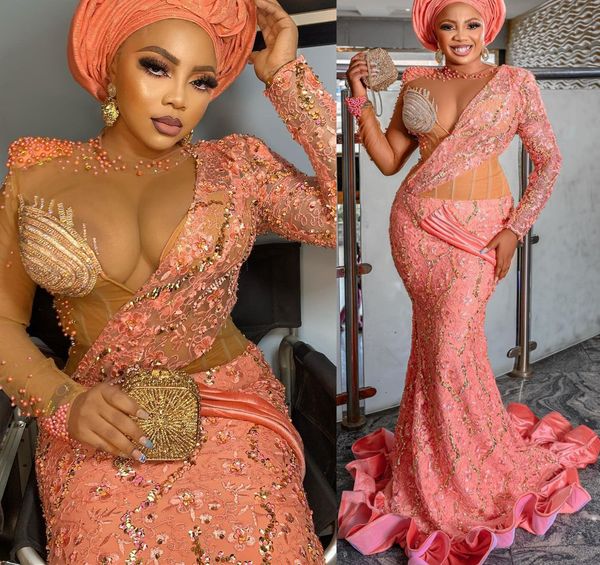 

2022 plus size arabic aso ebi luxurious mermaid lace prom dresses beaded sheer neck evening formal party second reception birthday engagemen, Black