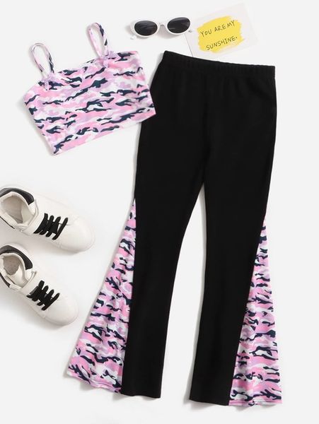 

sheen girls camouflage print suspender and flared pants set she, White