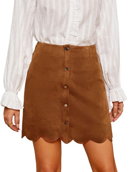 

button front scallop hem suede skirt a52w#, Black