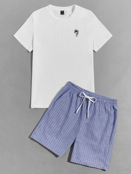 

men drop shoulder coconut tree tee & drawstring waist striped print shorts g1wd#, Gray