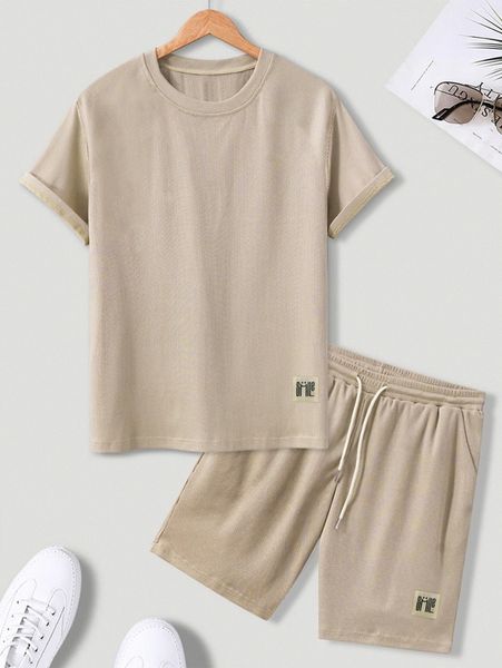 

men letter patch detail tee & drawstring waist shorts p9eh#, Gray