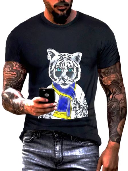 

men tiger & horse print tee t00a#, White;black