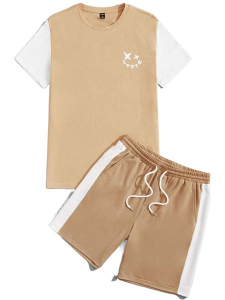 

men cartoon & letter graphic tee & colorblock track shorts r4gs#, Gray