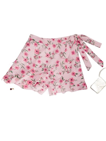 

plus floral print knot side ruffle trim shorts i4cj#, Black