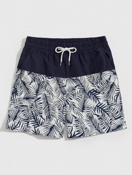 

romwe guys leaf print drawstring shorts j1r4#, White;black